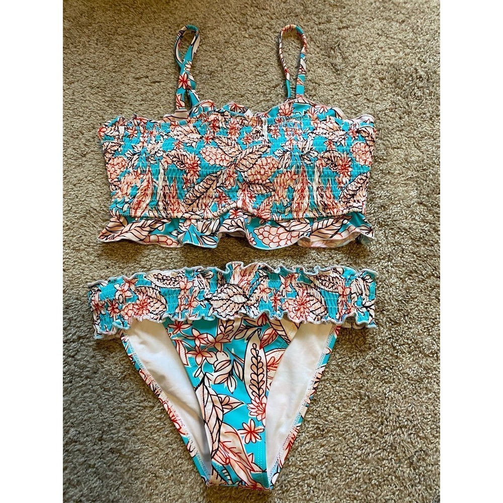 Swim Bikini Two Piece Small Floral Ruched Ruffles Blue Zone Planet sku2